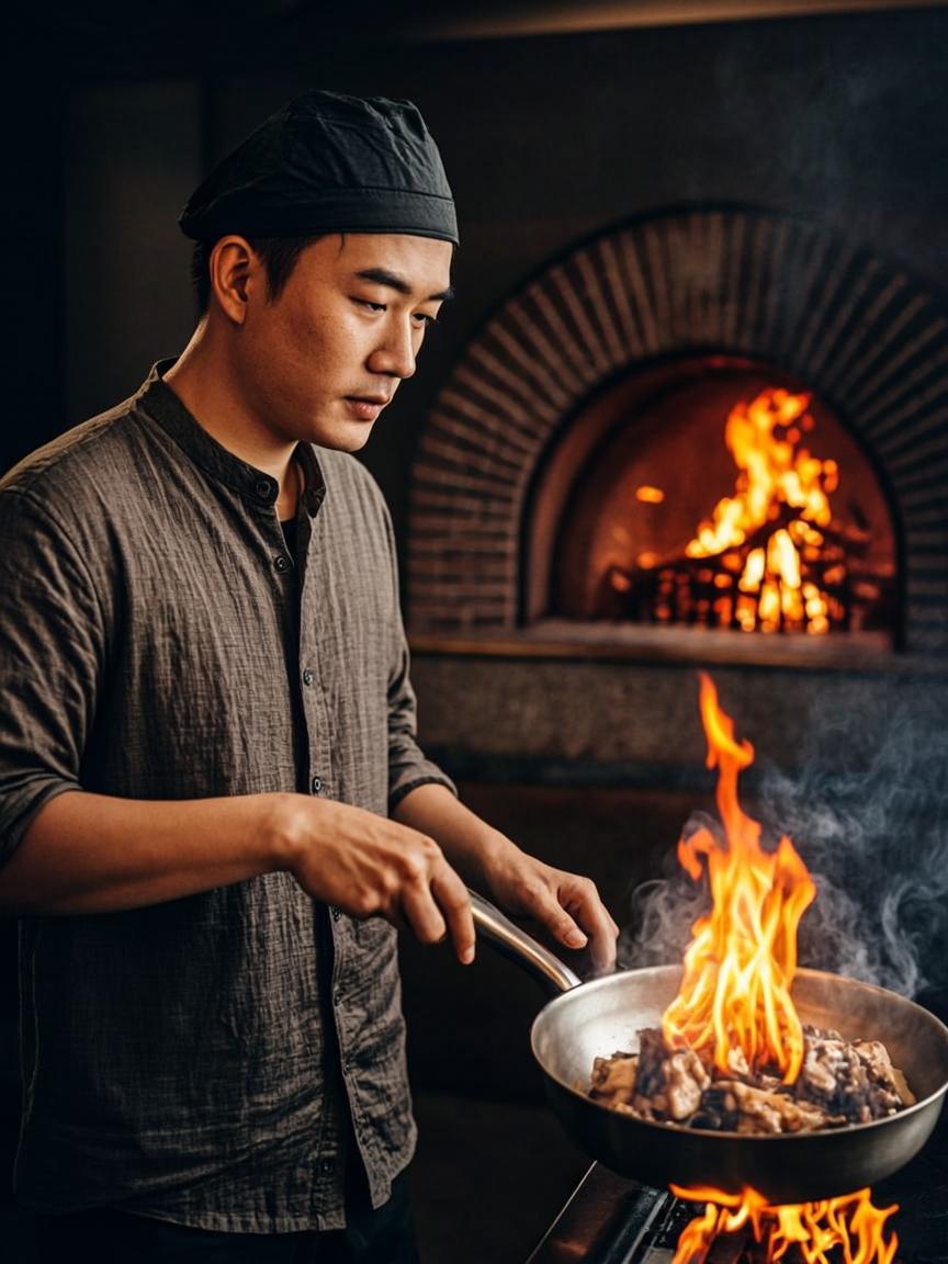 Chef in the kitchen crafting a wood-fired masterpiece