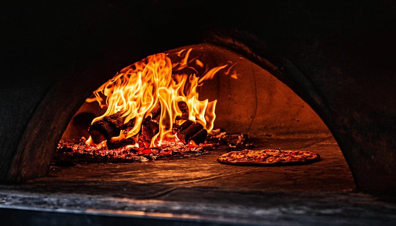 Inside the wood-fired oven, flames dancing