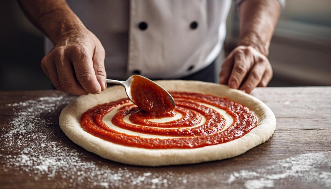 Hands spreading fresh tomato sauce on pizza dough