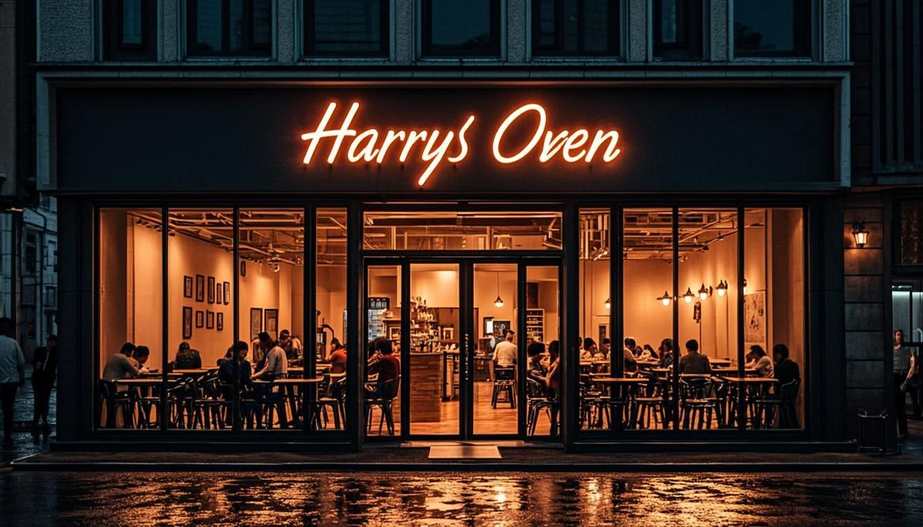 Harry's Oven storefront at night, warm lights glowing